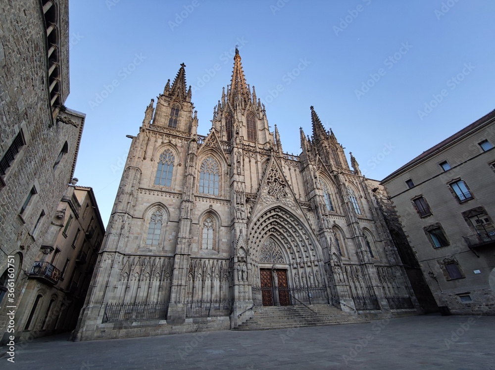 Gothic cathedral of Barcelona the centre of the Catalan capital. Catalonia, Spain during the Lockdown because of the covid 19, coronavirus pandemic
