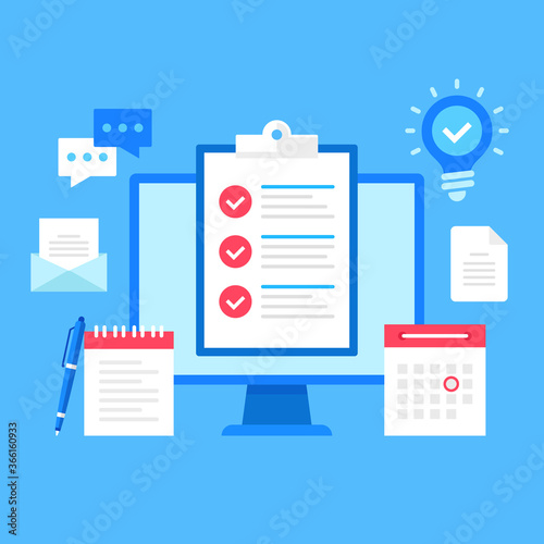Online survey. Flat style design. Vector illustration. Computer with clipboard and checklist on screen. Different survey related icons around. Check list with check marks. Modern graphic elements
