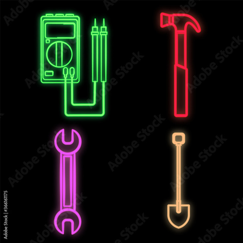 Set of bright glowing multicolored construction industrial neon signs for shop workshop service center beautiful shiny with tester hammer wrench shovel on black background. Vector illustration