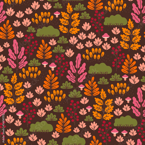Seamless forest pattern with mushrooms, berries and autumn leaves on dark background.. Fall background. Vector wallpaper.