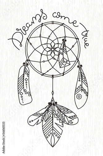 Ornate dream catcher with feathers. Vector abstract illustration, modern line style