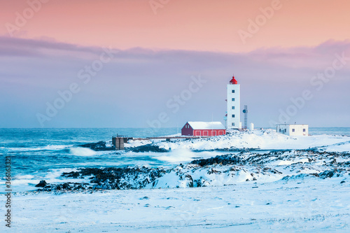 Kjolnes Lighthouse in winter, Berlevag, Norway photo