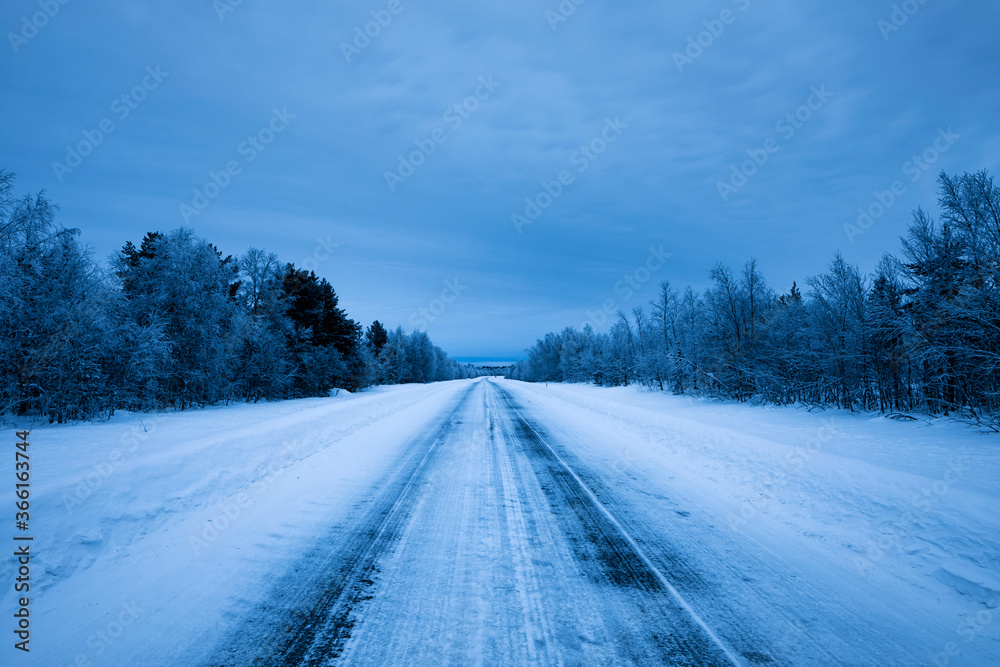 Country road in winter, Sotkajarvi, Enontekioe, Finland Country road in winter, Sotkajarvi, Enontekioe, Finland