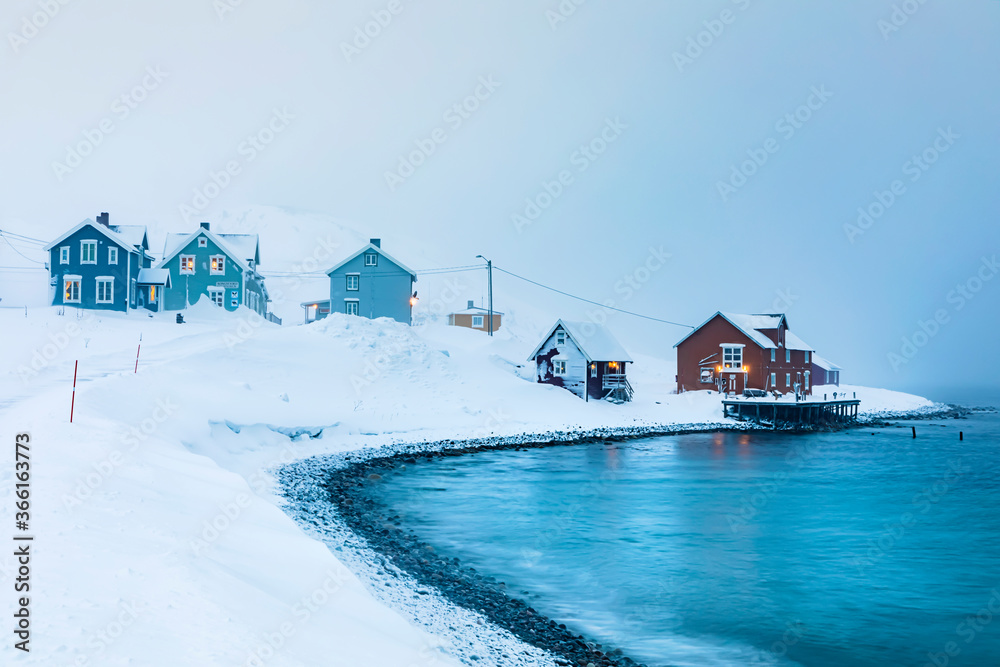 Fishing settlement in winter, Kongsfjord, Berlevag, Norway