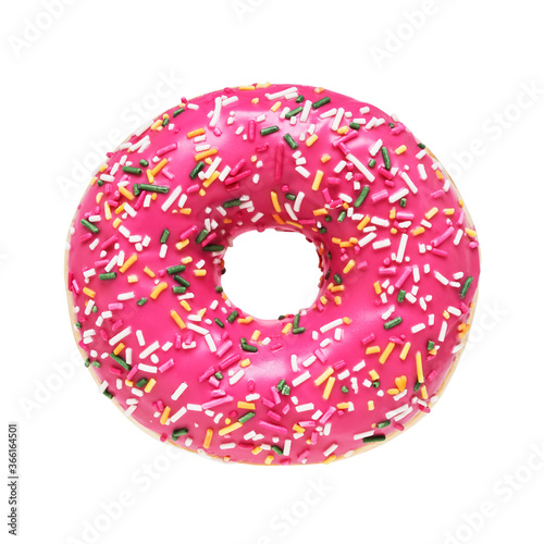 Pink donut isolated over white background with clipping path. Top view, copy space
