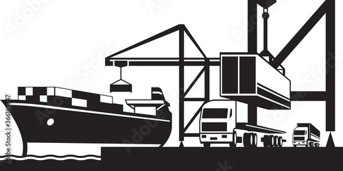 Crane loading industrial ships with cargo containers – vector illustration