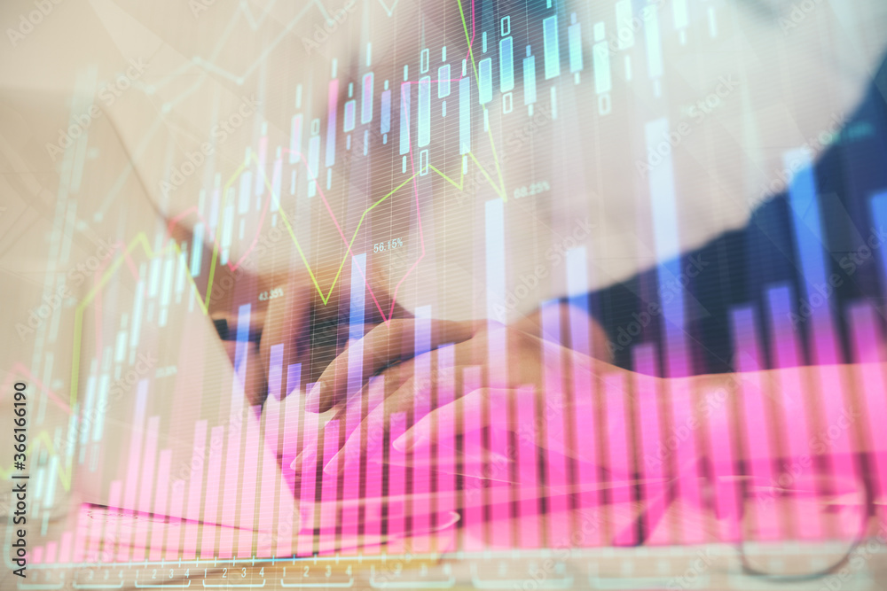 Multi exposure of woman hands typing on computer and financial graph hologram drawing. Stock market analysis concept. Multi exposure of woman hands typing on computer and financial graph hologram drawing. Stock market analysis concept.