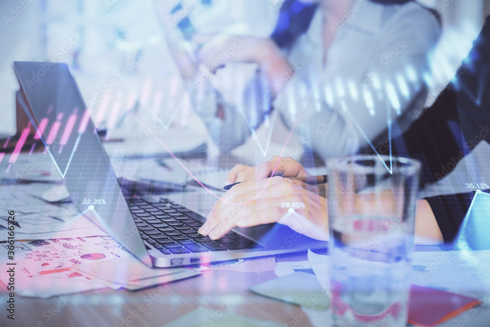 Multi exposure of woman hands typing on computer and forex chart hologram drawing. Stock market analysis concept. Multi exposure of woman hands typing on computer and forex chart hologram drawing. Stock market analysis concept.