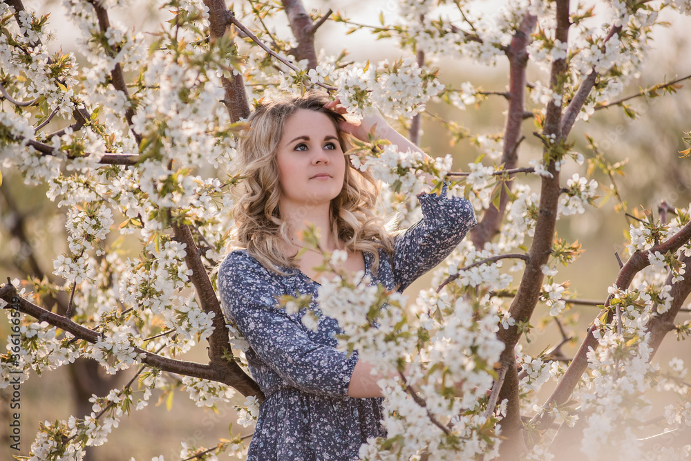 Delicate, dreamy girl with curly blond hair in blooming white gardens at sunset. Close-up portrait with nude makeup, clean face of a young woman in a light blue dress. Walk, rest outside the city Delicate, dreamy girl with curly blond hair in blooming white gardens at sunset. Close-up portrait with nude makeup, clean face of a young woman in a light blue dress. Walk, rest outside the city