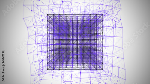 Dlack square in purple grid on white background. Low poly shape with connecting dots and lines on dark background. 3d rendering.
