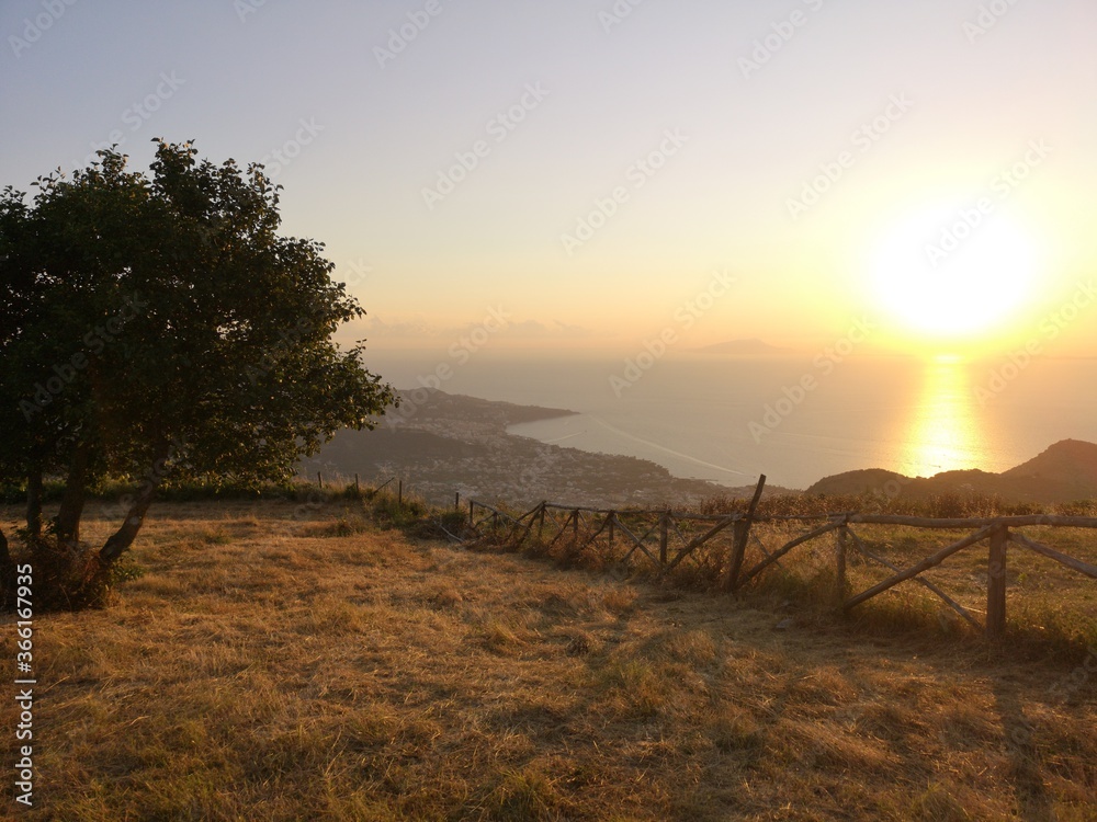 Obraz premium albero e Un panorama all'imbrunire. Una cartolina della penisola sorrentina catturata dal Monte Comune (Promontorio dei monti lattari). Da Vico Equense, Sorrento, Meta, Piano di Sorrento...