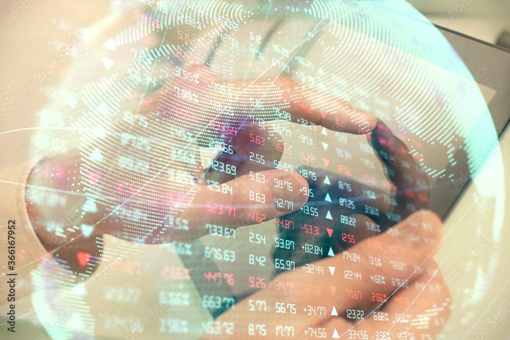Double exposure of man's hands holding and using a phone and international business theme drawing. Double exposure of man's hands holding and using a phone and international business theme drawing.
