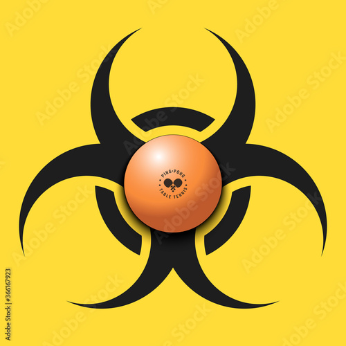 Biohazard symbol with ping-pong ball. Caution biological danger toxic sign. Ping-pong quarantined. Cancellation of sports tournaments. Vector illustration