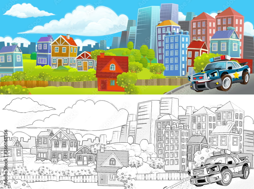 Naklejka premium cartoon scene with sketch of the middle of a city with car