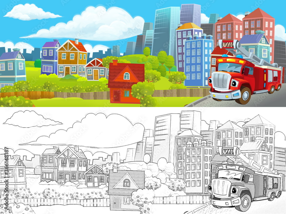 cartoon scene with sketch of the middle of a city with car