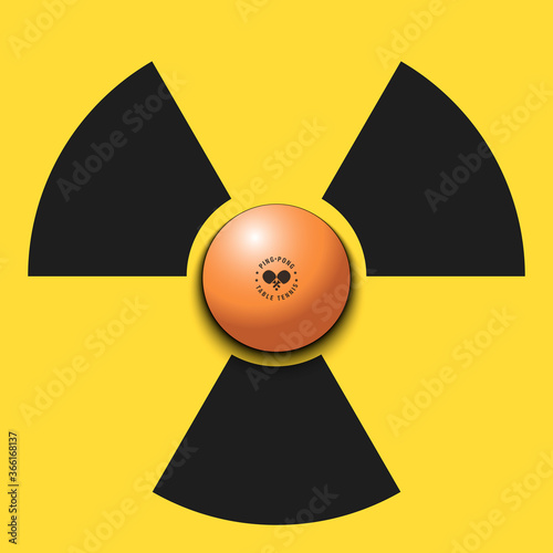 Radiaction symbol with ping-pong ball. Caution radioactive danger sign. Ping-pong quarantined. Cancellation of sports tournaments. Vector illustration