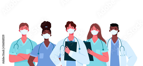 Coronavirus 2019-nCoV. Set of doctors characters in white medical face mask. Stop Coronavirus concept. Medical team doctor nurse therapist surgeon professional hospital workers, group of medics.