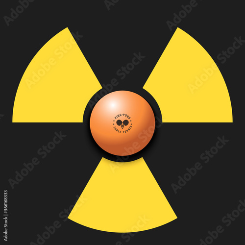 Radiaction symbol with ping-pong ball. Caution radioactive danger sign. Ping-pong quarantined. Cancellation of sports tournaments. Vector illustration