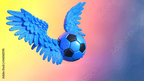 Εκτύπωση καμβά Black-Blue soccer ball with the blue Wings under sun set background