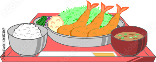 トレーにのったエビフライの定食味噌汁と漬物セットのイラスト