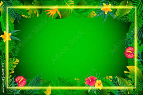 Abstract leaves background with neon frame free vector