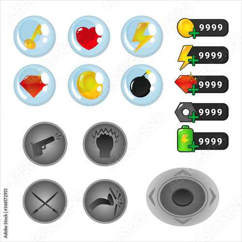 Buttons set. Vector GUI asset collection for game and app. UI kit asset 2D graphic content