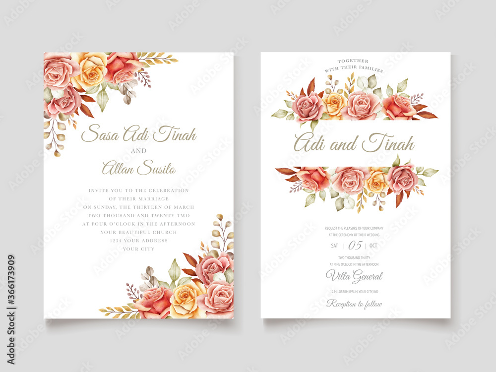 beautiful watercolor autumn wedding invitation card template