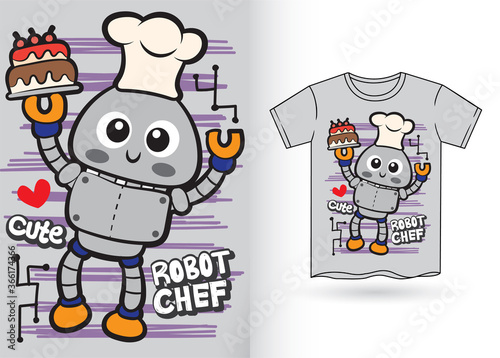 Cute robot chef hand drawn for t shirt