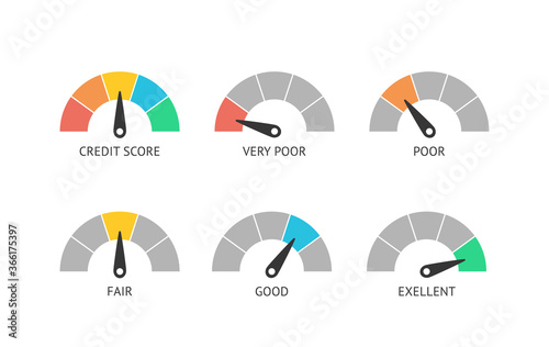 Speedometer icons credit score indicators. Speedometer goods gauge rating meter. Credit loan scoring manometers vector set.