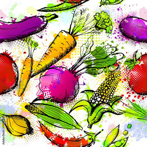 Set of vegetables from blots. Vegetables seamless pattern. Vector illustration