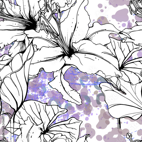 Floral Black White Pattern. Modern Watercolor