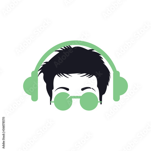 Stylish boy put headphone and colorful glasses for logo design. Dj vector illustration design.