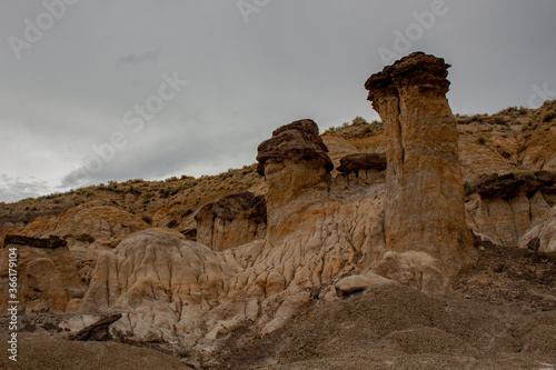 Strange hoodoo rock formations in a desert landscape in the Bisti Badlands, De-Na-Zin Wilderness in San Juan County, New Mexico, USA