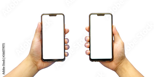 The left and right hand of the man holding a smartphone.