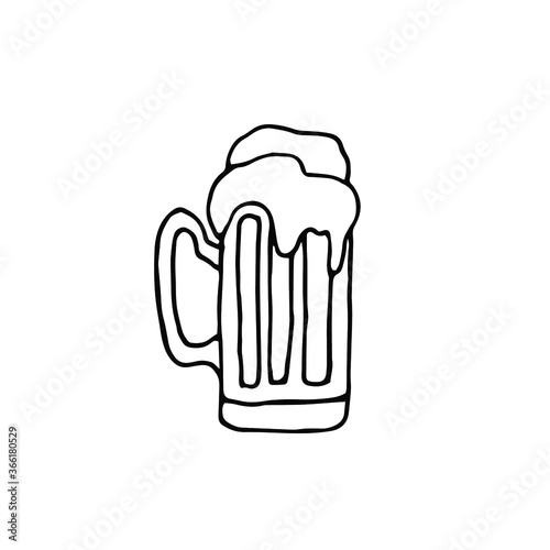 Hand Drawn Mug With Froth Bubble Beer Drink Vector. Full Mug With Handle And Alcoholic Fresh Cold Brewery Liquid Light Ale. Closeup Monochrome Black And White Template Cartoon Illustration