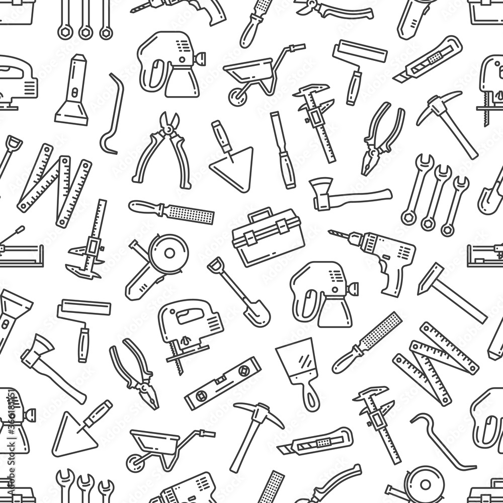 Repair tools thin line seamless pattern, vector background of construction and building industry, DIY and renovation. Hammer, screwdriver, pliers, wrench and spanner, paint roller and tape measure