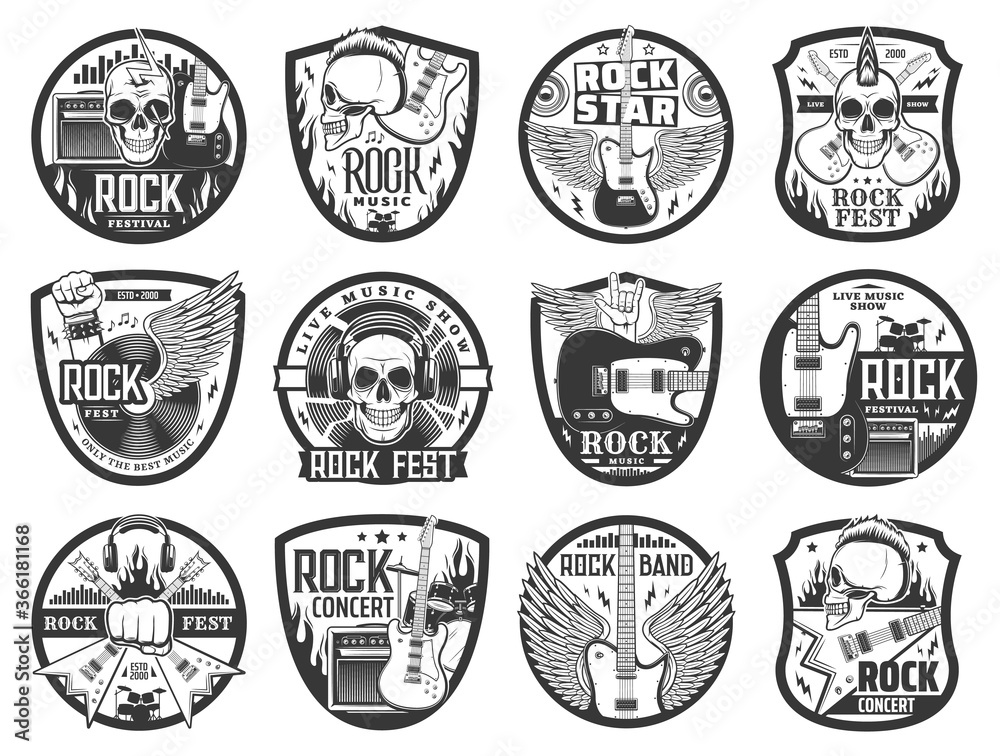 Rock music vector icons with guitars, heavy metal horns, drums and skulls with mohawk, vinyl records, headphones and loudspeakers, lightnings and fire flames. Rock music concert and festival emblems