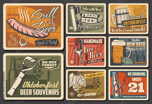 Beer alcohol drink retro posters of vector pub, brewery and bar. Bottles, glasses and mugs of beer, pint and barrel of ale or lager with hops, barley, sausage, wooden tankard, can and tap