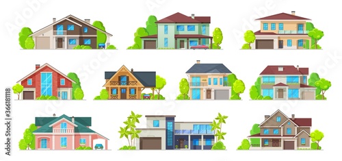 House building vector icons of real estate homes, cottages, villas and bungalows, mansions and townhouses. Residential construction house isolated symbols with front doors, windows, roofs and garages