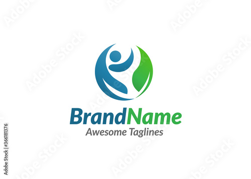 Organic Health Care Medical Logo with Human and Leaf Character for Therapy, Wellness, Spa, Education, Nutrition, or Fitness Concept