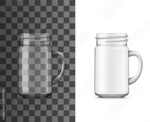 Glass jar with handle realistic vector mockup. Isolated transparent drinking cup or mug, empty clear jug or pitcher for cold beverages and drinks, 3d template of household glassware and tableware