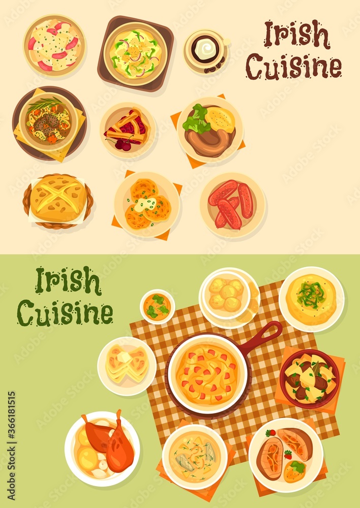 Irish cuisine food vector set of meat, vegetable and fish dishes. Potato salad, boxty and farl pancakes, beef beer stew, pork sausages and salmon soup, cabbage ham casserole, cherry pie and cookies