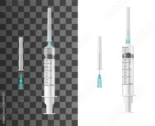 Syringes realistic vector mockup of medical instruments for injection shots. Plastic disposable syringe 3d objects on transparent background with sterile noodles, plungers and protective covers