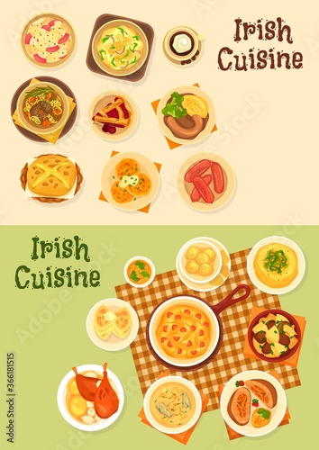 Irish cuisine food vector set of meat, vegetable and fish dishes. Potato salad, boxty and farl pancakes, beef beer stew, pork sausages and salmon soup, cabbage ham casserole, cherry pie and cookies