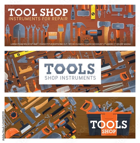 Tool shop vector banners with house repair, construction, carpentry and DIY equipment. Hammer, screwdriver, wrench or spanner, pliers, paint brush and roller, drill, spatula, tape measure and toolbox