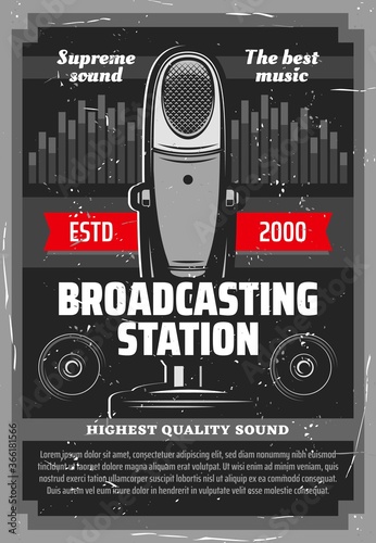Broadcasting station vector design of music radio and podcast recording. Vintage table microphone, loudspeakers and sound equalizer wave retro grunge poster of online radio