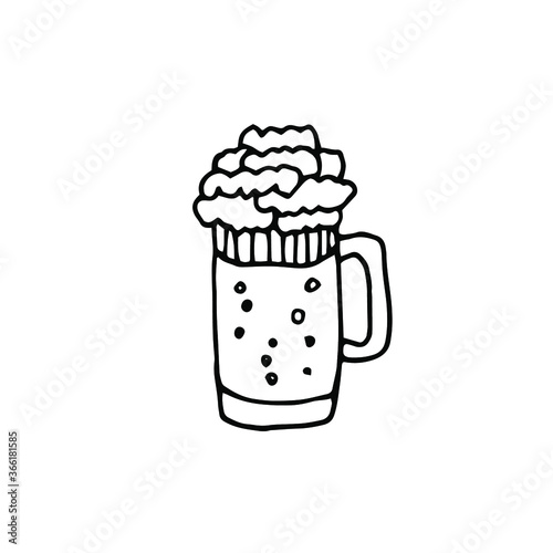 Hand Drawn Mug With Froth Bubble Beer Drink Vector. Full Mug With Handle And Alcoholic Fresh Cold Brewery Liquid Light Ale. Closeup Monochrome Black And White Template Cartoon Illustration