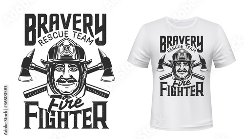 Firefighter t-shirt print of fire rescue team vector mockup. Fireman with safety helmet or hard hat and crossed axes, custom apparel template design for fire department rescue team, emergency service