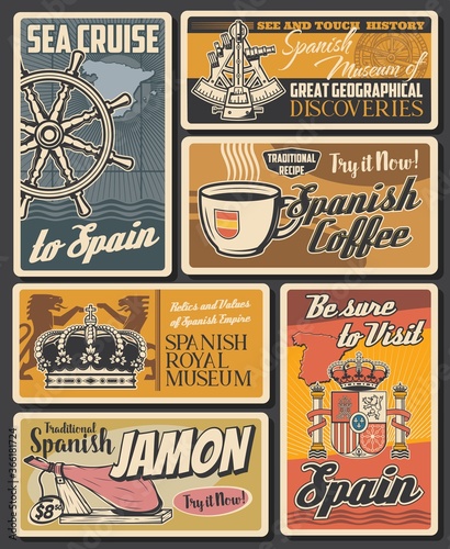 Spanish cuisine food, coffee drink, sea travel, discovery and history vector design. Spain map, jamon and coffee cup, nautical ship helm and heraldic royal crown, coat of arms, navigation sextant