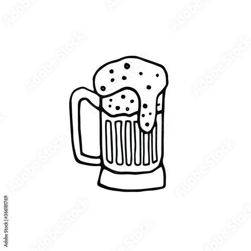 Hand Drawn Mug With Froth Bubble Beer Drink Vector. Full Mug With Handle And Alcoholic Fresh Cold Brewery Liquid Light Ale. Closeup Monochrome Black And White Template Cartoon Illustration